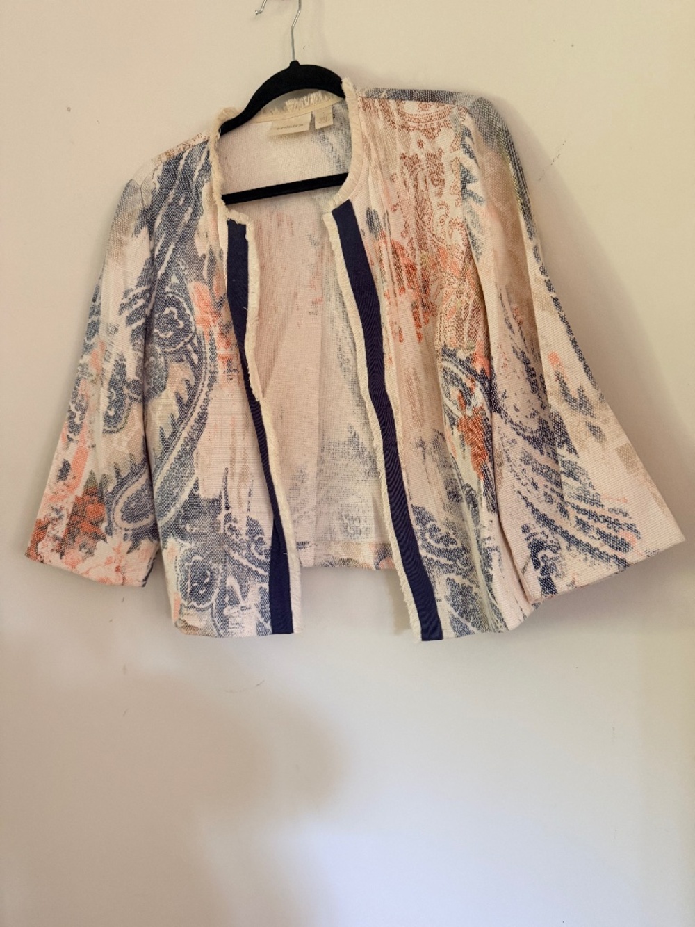 Chico's Open Front Textured Jacket Size 1 Blue Coral Paisley Fringe Trim Boho